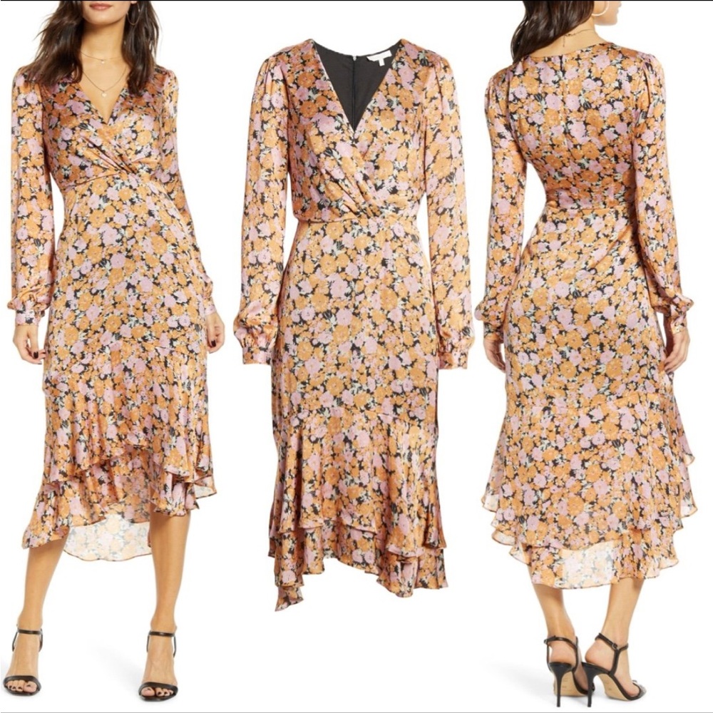 WAYF Floral Bloom Midi Long Sleeves Dress Celeste Ruffle High Low Vneck Satin S